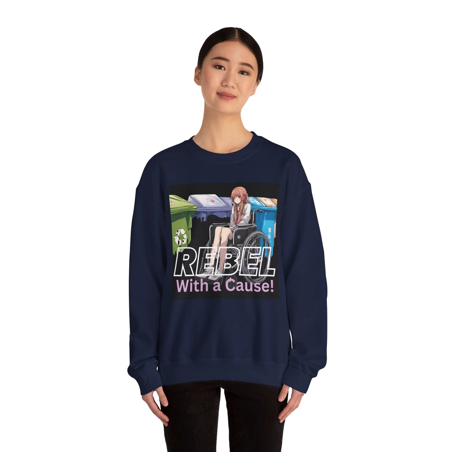 Unisex Heavy Blend™ Crewneck Sweatshirt Designed as the perfect gift or merch for that earth loving inspirational wheelchair or mobility scooter eco warrior.