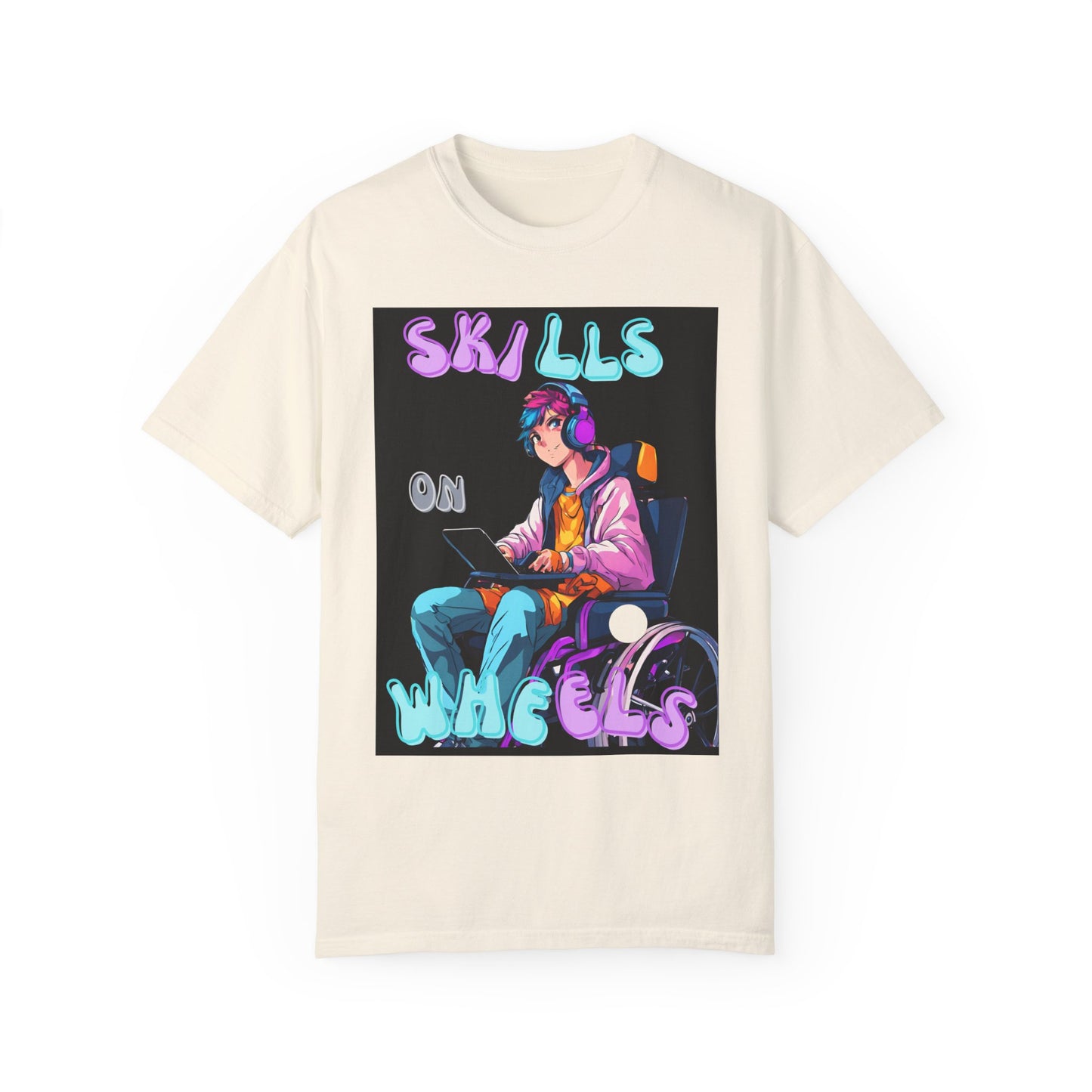 Unisex Garment-Dyed T-shirt Designed as the perfect gift or merch for that video game loving inspirational wheelchair or mobility scooter gamer.