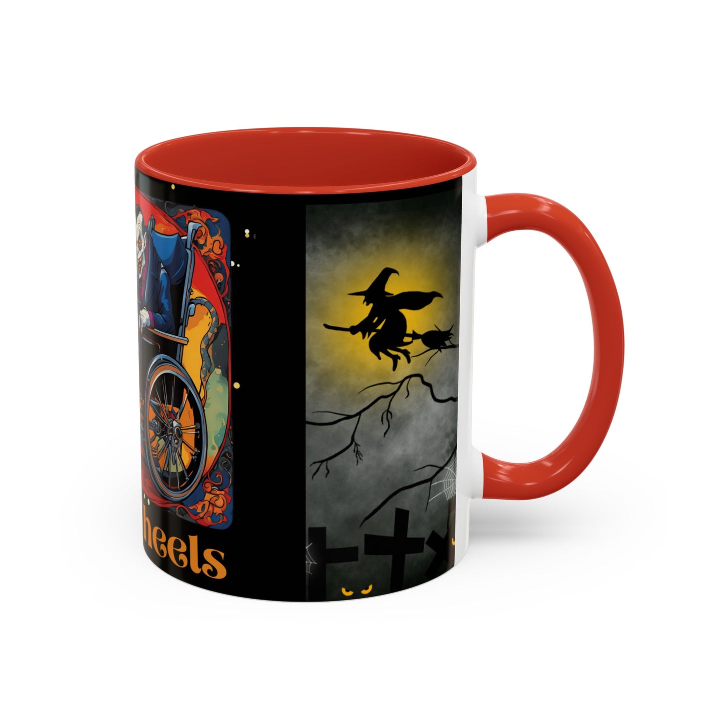 Accent Coffee Mug (11, 15oz) Designed as the perfect gift or merch for Halloween for that dynamic inspirational fun loving wheelchair or mobility scooter user.