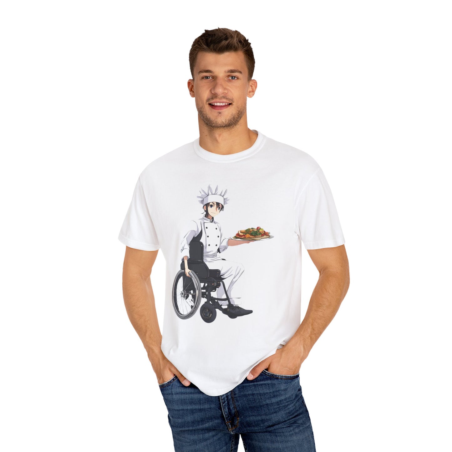 Unisex Garment-Dyed T-shirt designed as the perfect gift for that young dynamic inspirational cooking loving wheelchair or mobility scooter user.