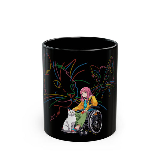 Black Mug (11oz, 15oz) Designed as the perfect gift or merch for that cat loving inspirational wheelchair or mobility scooter trendy lady.