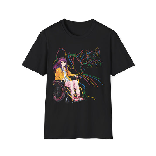 Unisex Softstyle T-Shirt Designed as the perfect gift or merch for that cat loving inspirational wheelchair or mobility scooter trendy lady.