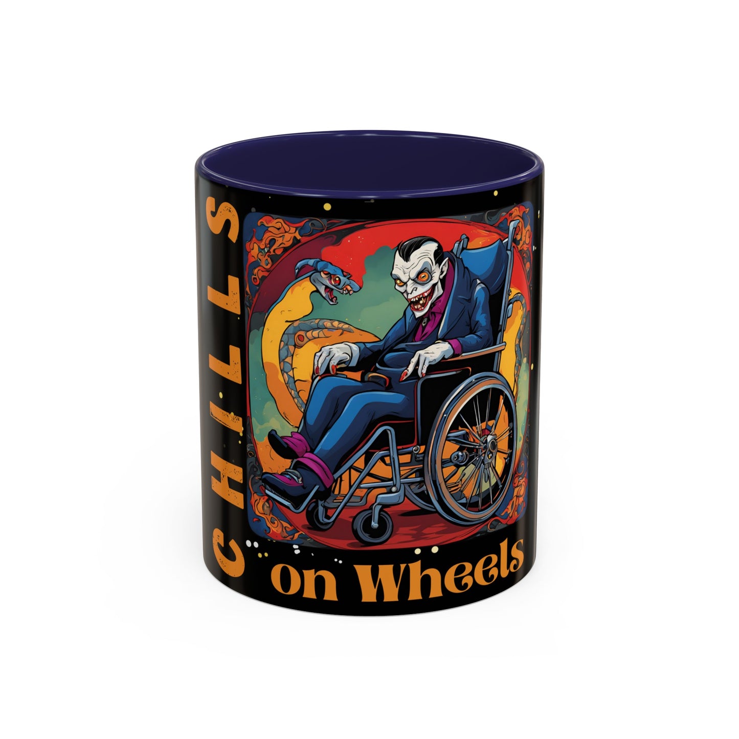 Accent Coffee Mug (11, 15oz) Designed as the perfect gift or merch for Halloween for that dynamic inspirational fun loving wheelchair or mobility scooter user.