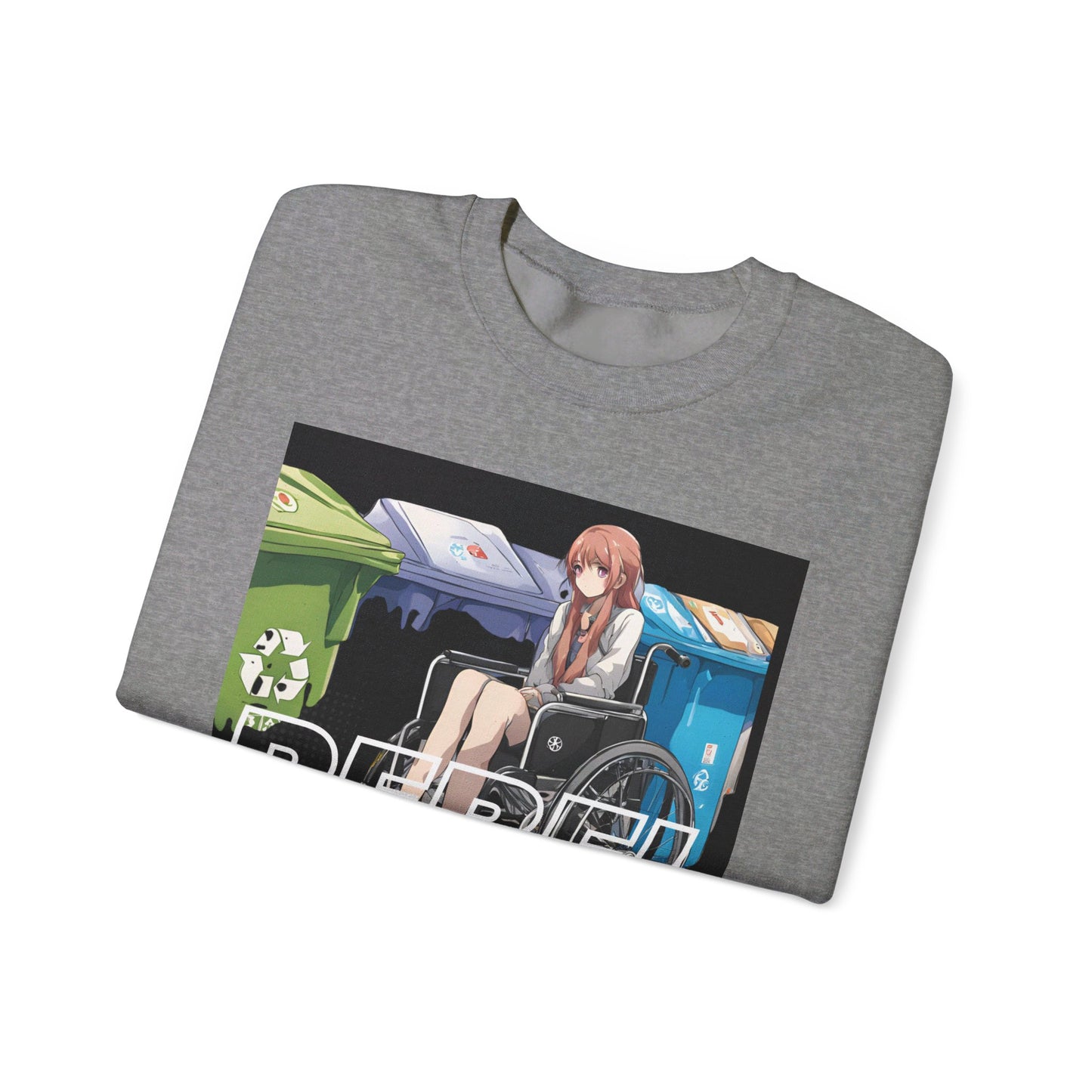 Unisex Heavy Blend™ Crewneck Sweatshirt Designed as the perfect gift or merch for that earth loving inspirational wheelchair or mobility scooter eco warrior.