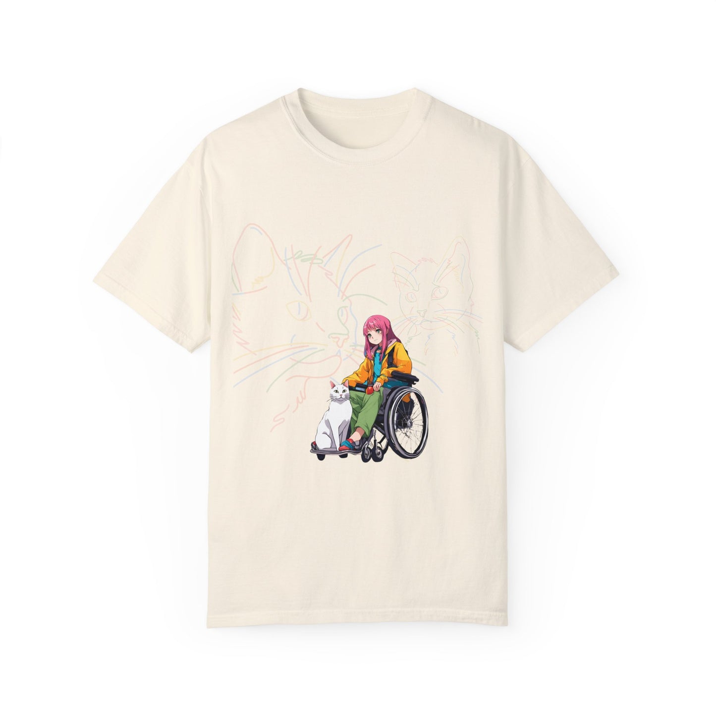 Unisex Garment-Dyed T-shirt Designed as the perfect gift or merch for that cat loving inspirational wheelchair or mobility scooter using trend Noy lady.