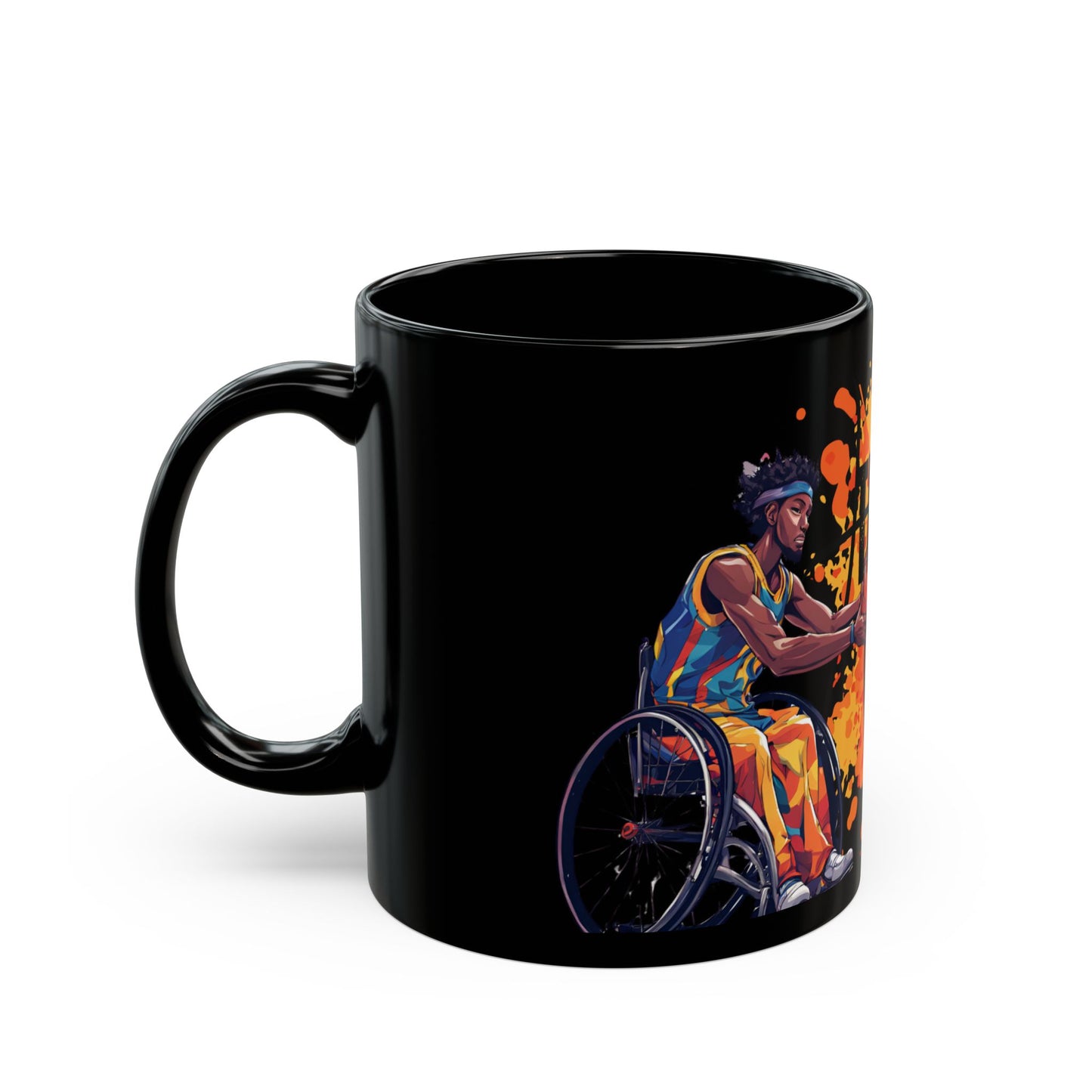 Black Mug (11oz, 15oz) Designed as the perfect gift or merch for that inspirational wheelchair basketball loving and competitive wheelchair mobility scooter user.