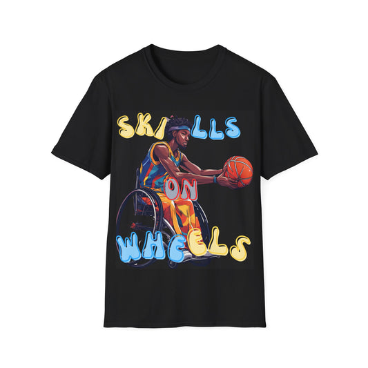 Unisex Softstyle T-Shirt Designed as the perfect gift or merch for that dynamic inspirational wheelchair basketball loving and sporty wheelchair or mobility scooter user.