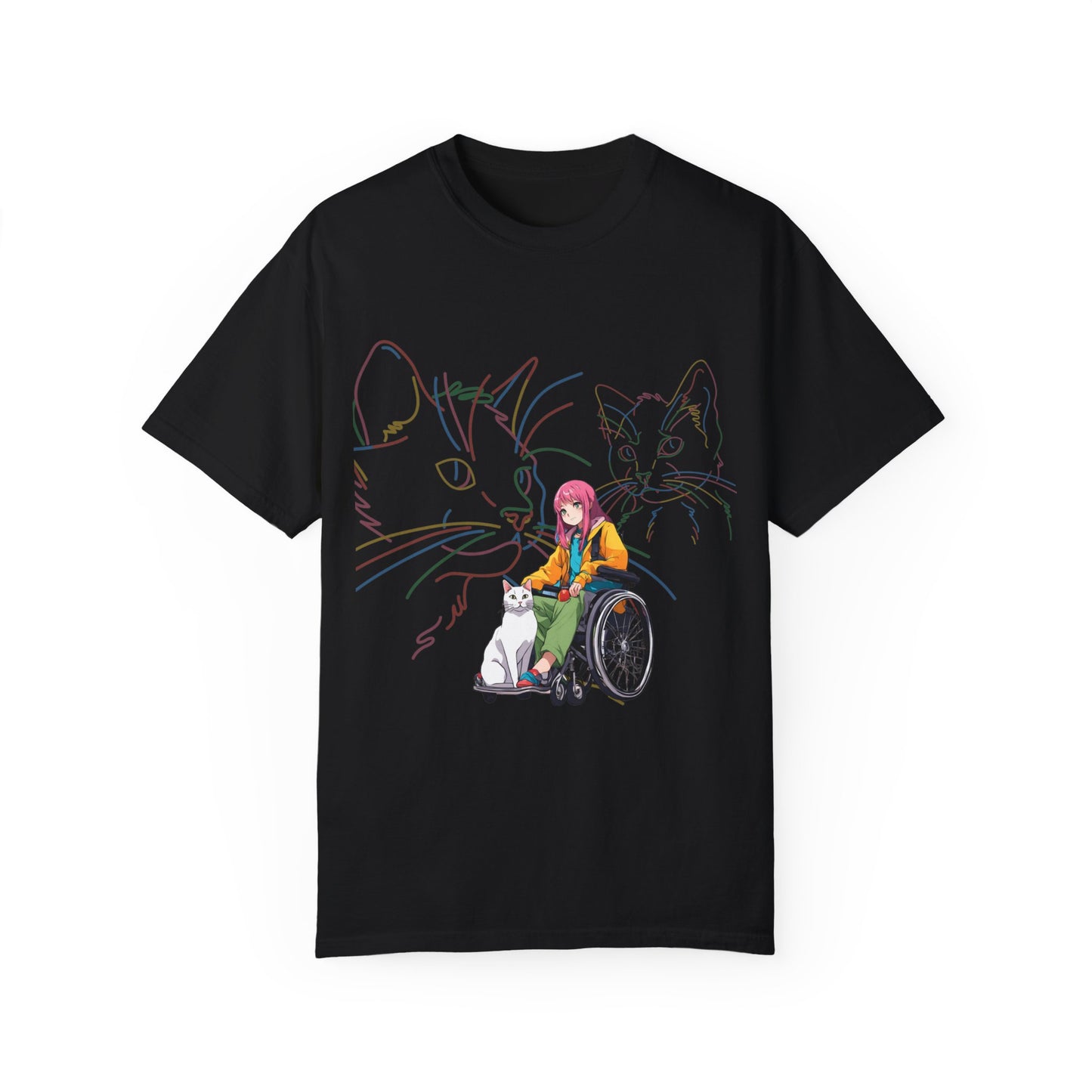 Unisex Garment-Dyed T-shirt Designed as the perfect gift or merch for that cat loving inspirational wheelchair or mobility scooter using trend Noy lady.