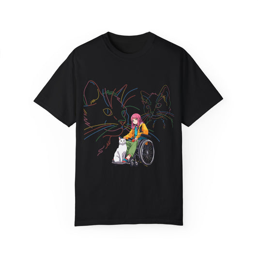 Unisex Garment-Dyed T-shirt Designed as the perfect gift or merch for that cat loving inspirational wheelchair or mobility scooter using trend Noy lady.