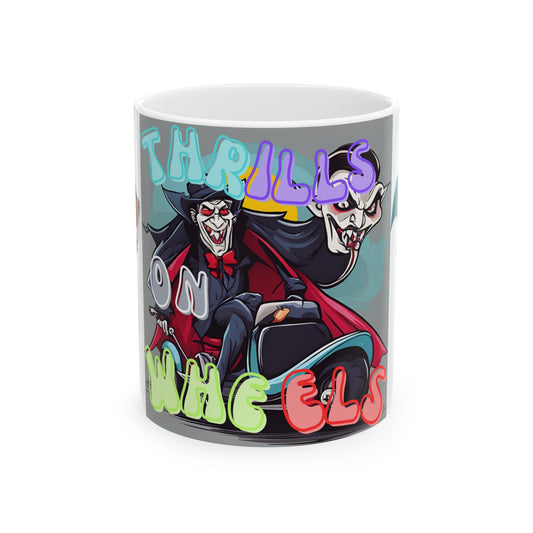 Ceramic Mug Designed as the perfect gift or merch for Halloween for that dynamic inspirational fun loving wheelchair or mobility scooter user.