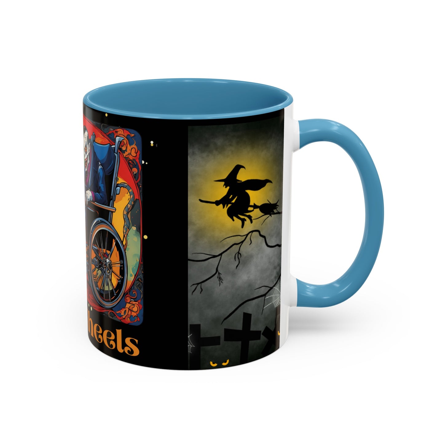 Accent Coffee Mug (11, 15oz) Designed as the perfect gift or merch for Halloween for that dynamic inspirational fun loving wheelchair or mobility scooter user.