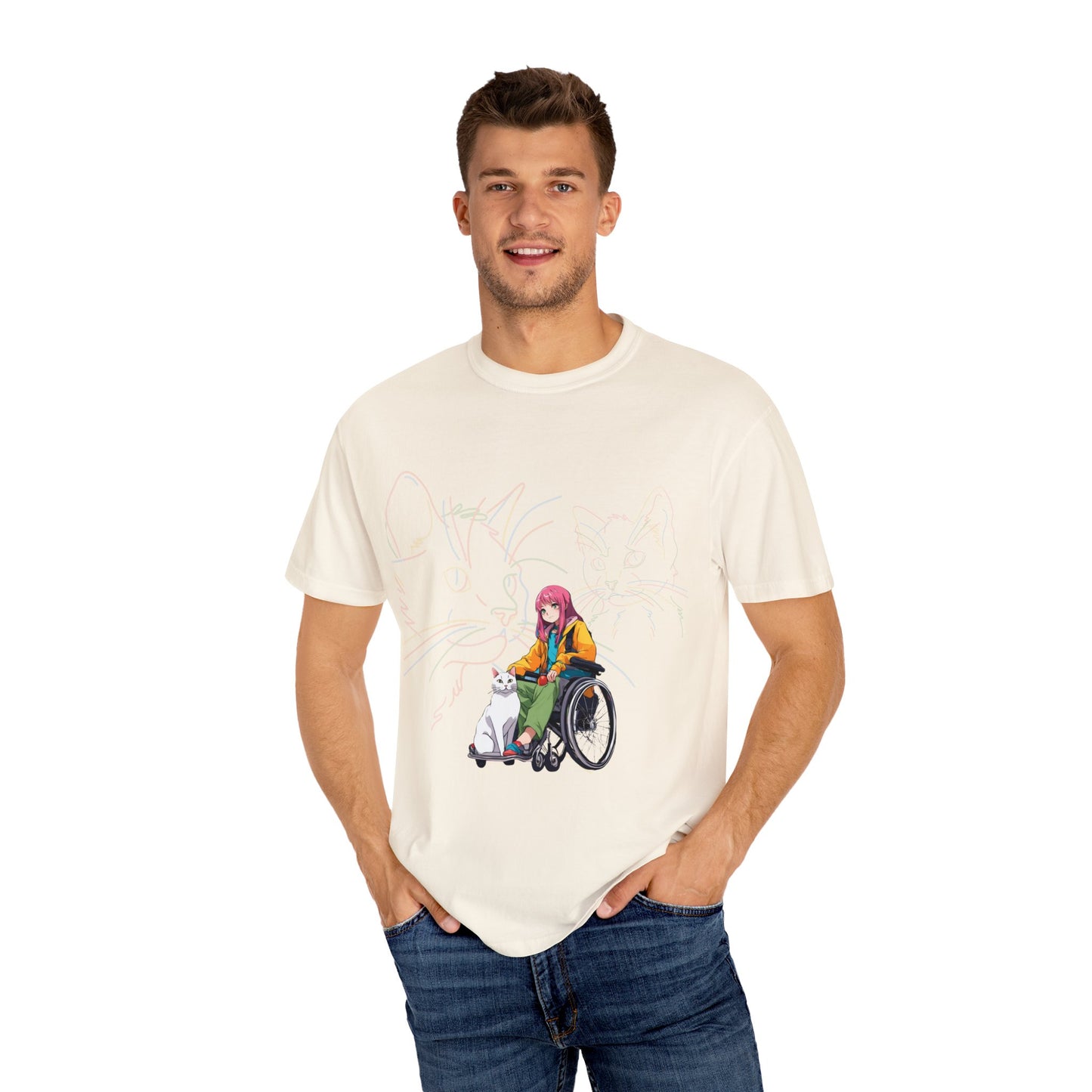 Unisex Garment-Dyed T-shirt Designed as the perfect gift or merch for that cat loving inspirational wheelchair or mobility scooter using trend Noy lady.