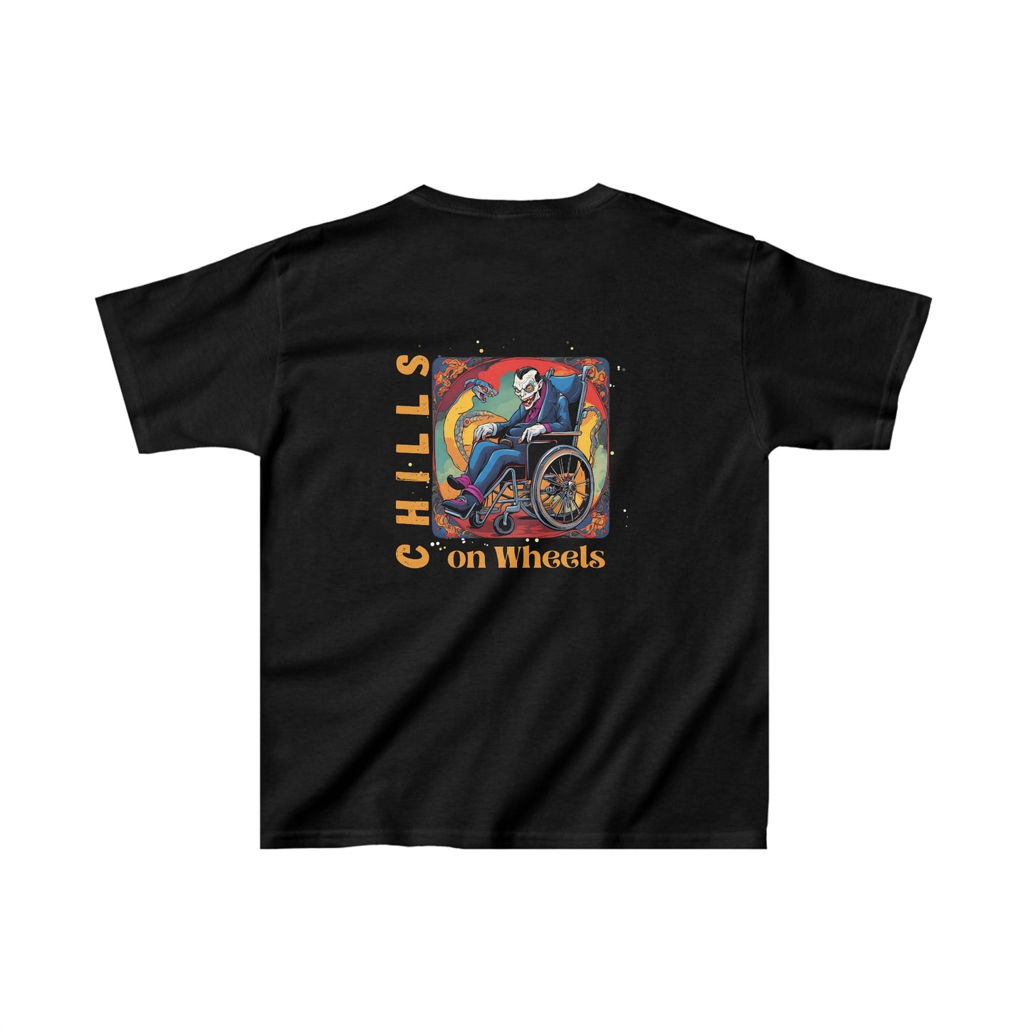 Kids Heavy Cotton™ Tee Designed as the perfect gift or merch for Halloween for that dynamic inspirational fun loving wheelchair or mobility scooter user.