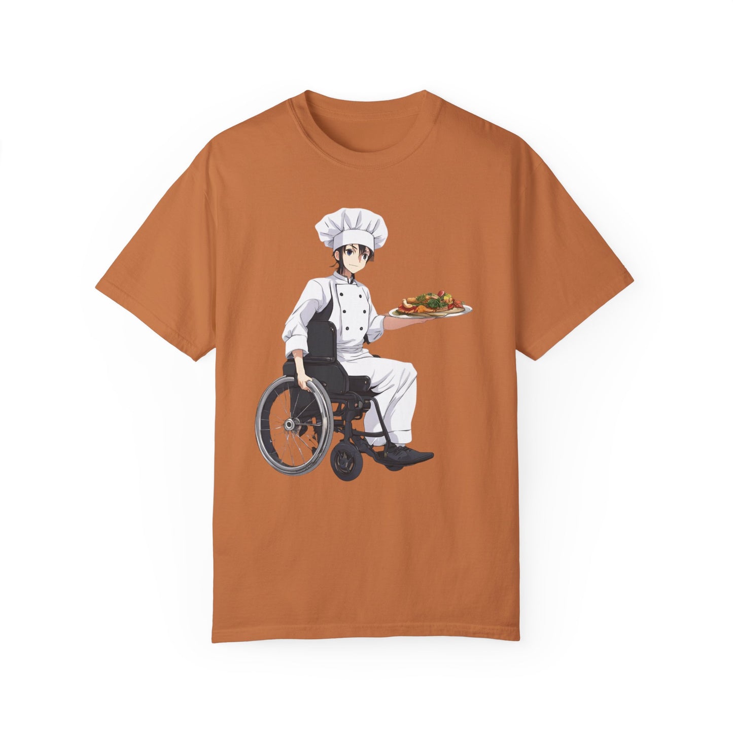 Unisex Garment-Dyed T-shirt designed as the perfect gift for that young dynamic inspirational cooking loving wheelchair or mobility scooter user.