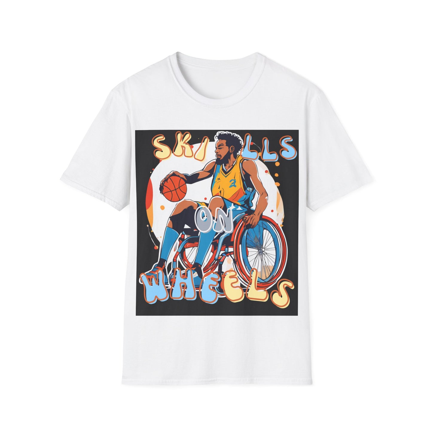 Unisex Softstyle T-Shirt Designed as the perfect gift or merch for that dynamic inspirational wheelchair basketball loving and sporty wheelchair or mobility scooter user.