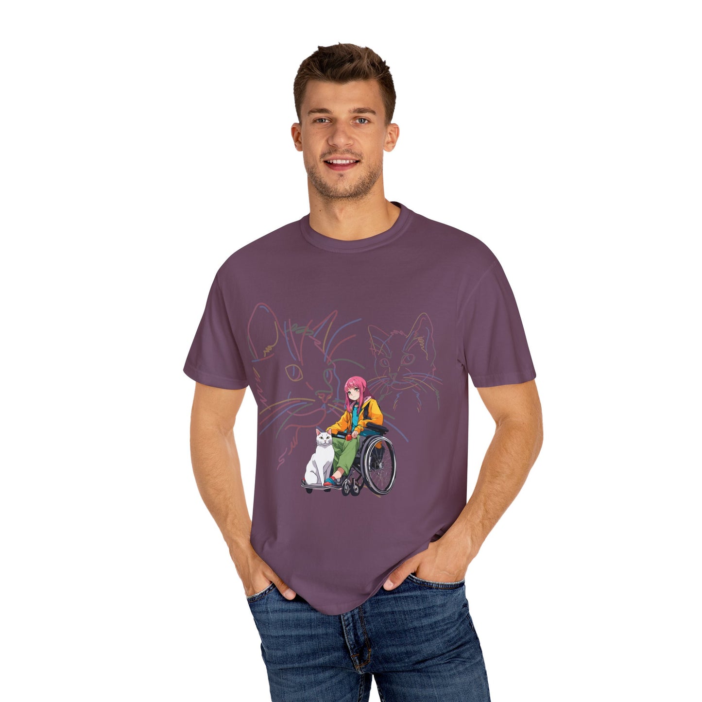 Unisex Garment-Dyed T-shirt Designed as the perfect gift or merch for that cat loving inspirational wheelchair or mobility scooter using trend Noy lady.