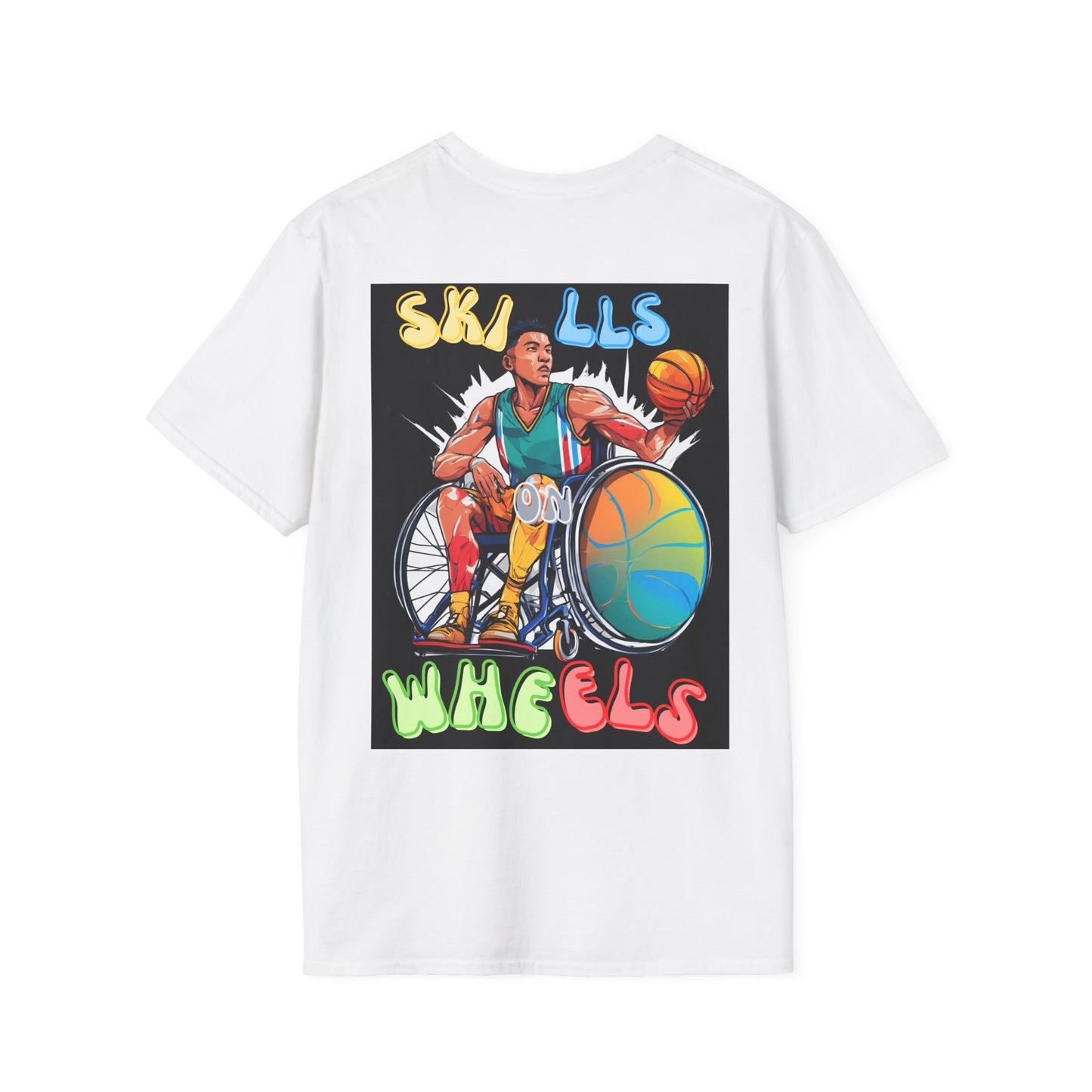 Unisex Softstyle T-Shirt Designed as the perfect gift or merch for that dynamic inspirational wheelchair basketball loving and sporty wheelchair or mobility scooter user.