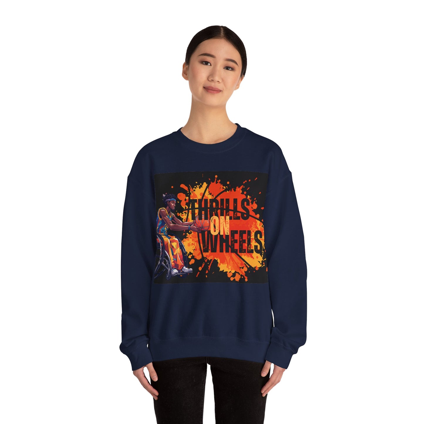 Unisex Heavy Blend™ Crewneck SweatshirtDesigned as the perfect gift or merch for that inspirational wheelchair basketball loving and competitive wheelchair mobility scooter user.