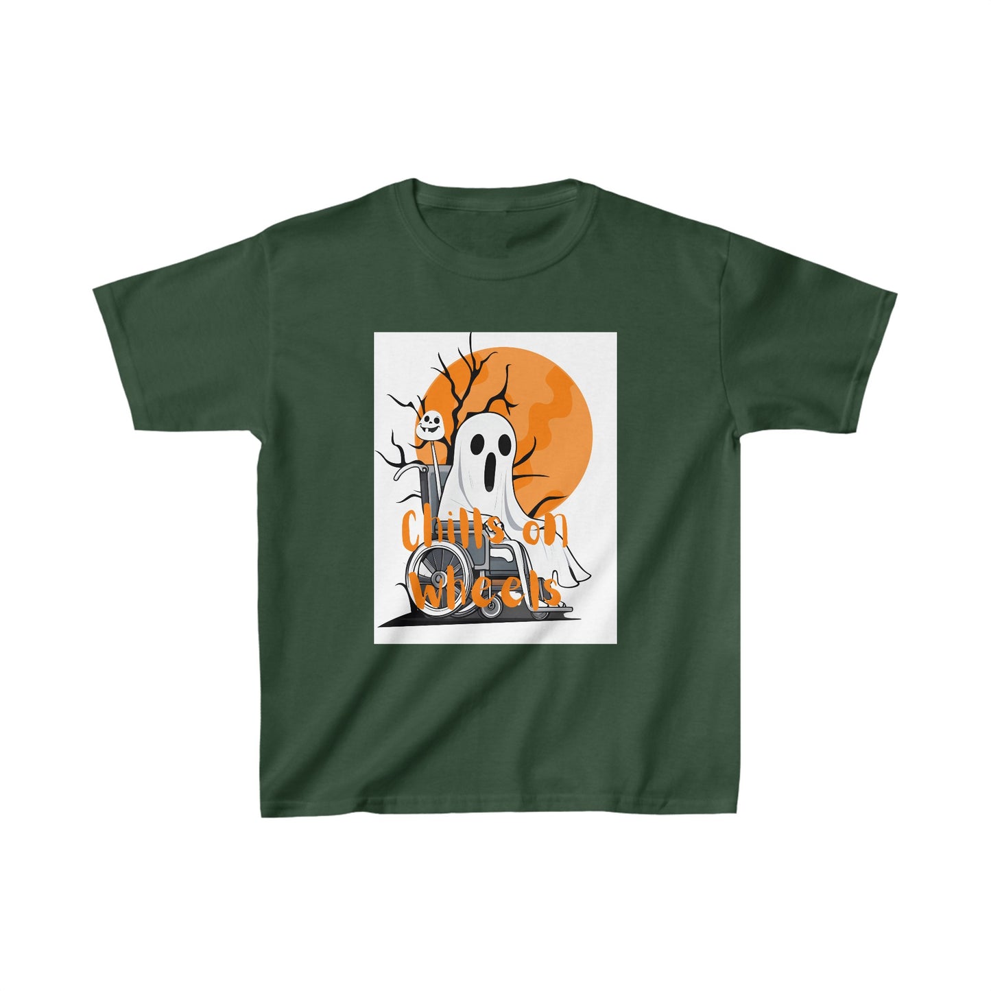 Kids Heavy Cotton™ Tee Designed as the perfect gift or merch for Halloween for that dynamic inspirational fun loving wheelchair or mobility scooter user.