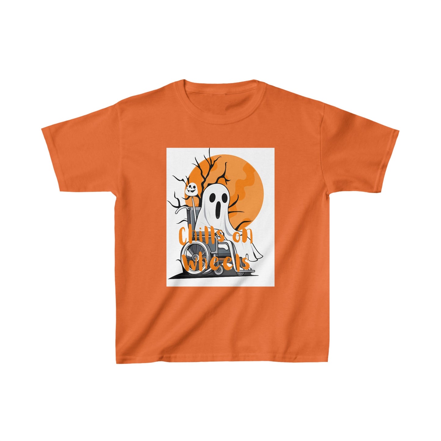 Kids Heavy Cotton™ Tee Designed as the perfect gift or merch for Halloween for that dynamic inspirational fun loving wheelchair or mobility scooter user.