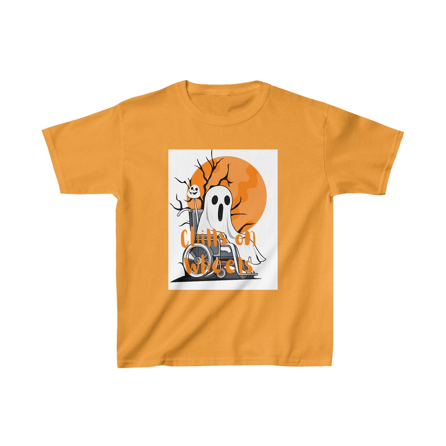 Kids Heavy Cotton™ Tee Designed as the perfect gift or merch for Halloween for that dynamic inspirational fun loving wheelchair or mobility scooter user.