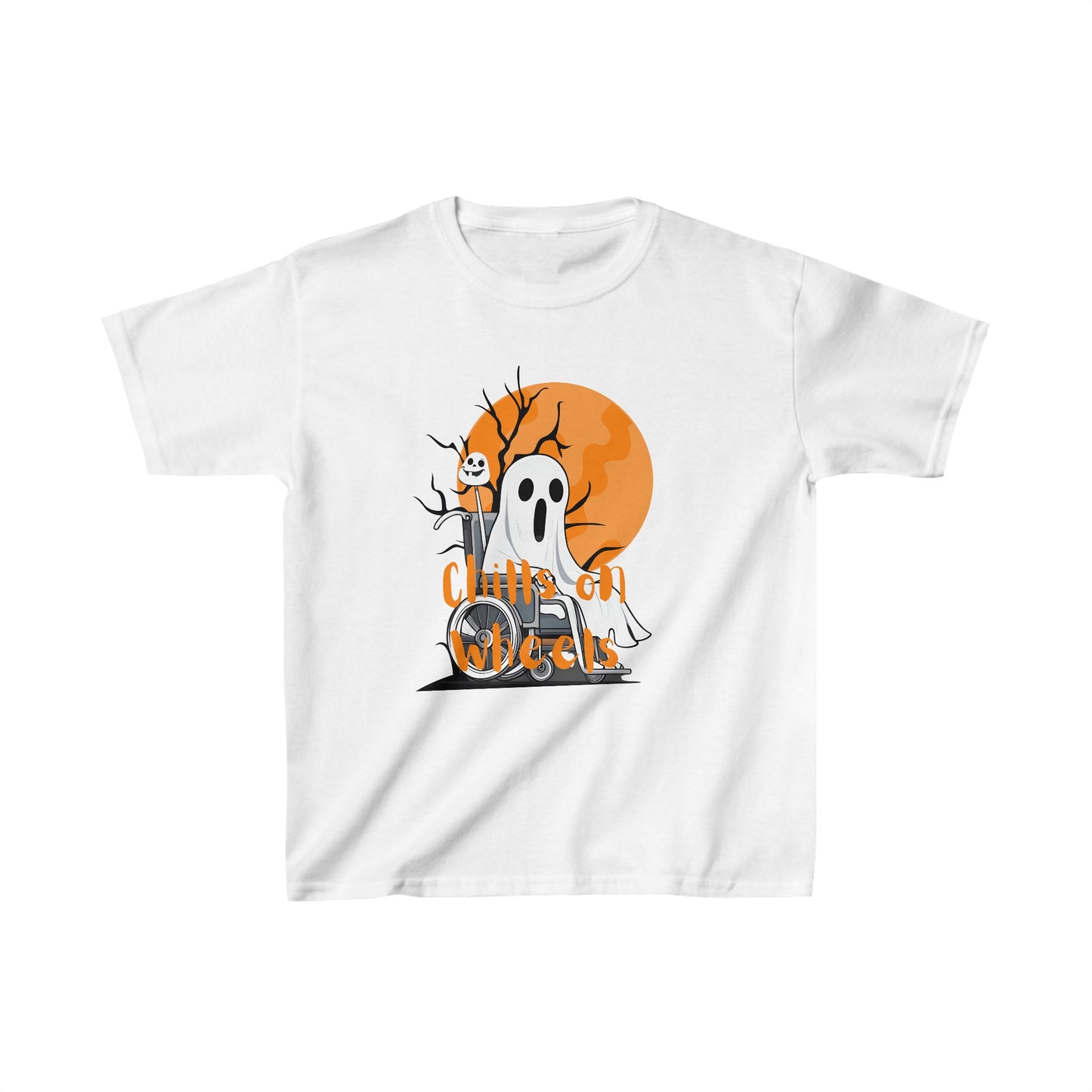 Kids Heavy Cotton™ Tee Designed as the perfect gift or merch for Halloween for that dynamic inspirational fun loving wheelchair or mobility scooter user.