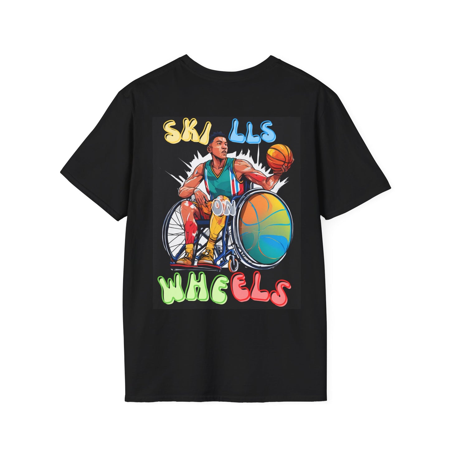 Unisex Softstyle T-Shirt Designed as the perfect gift or merch for that dynamic inspirational wheelchair basketball loving and sporty wheelchair or mobility scooter user.