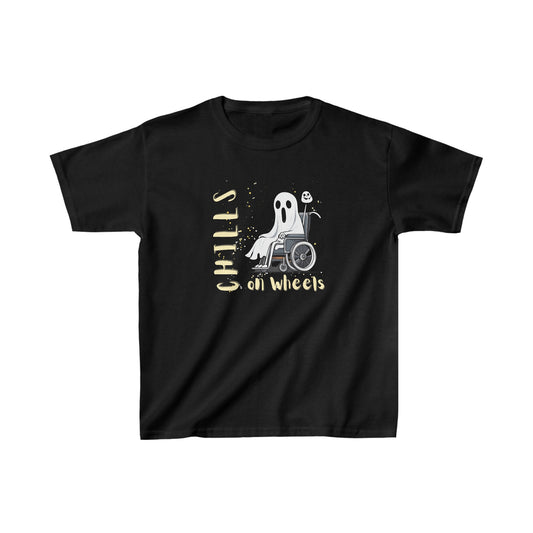 Kids Heavy Cotton™ Tee Designed as the perfect gift or merch for Halloween for that dynamic inspirational fun loving wheelchair or mobility scooter user.