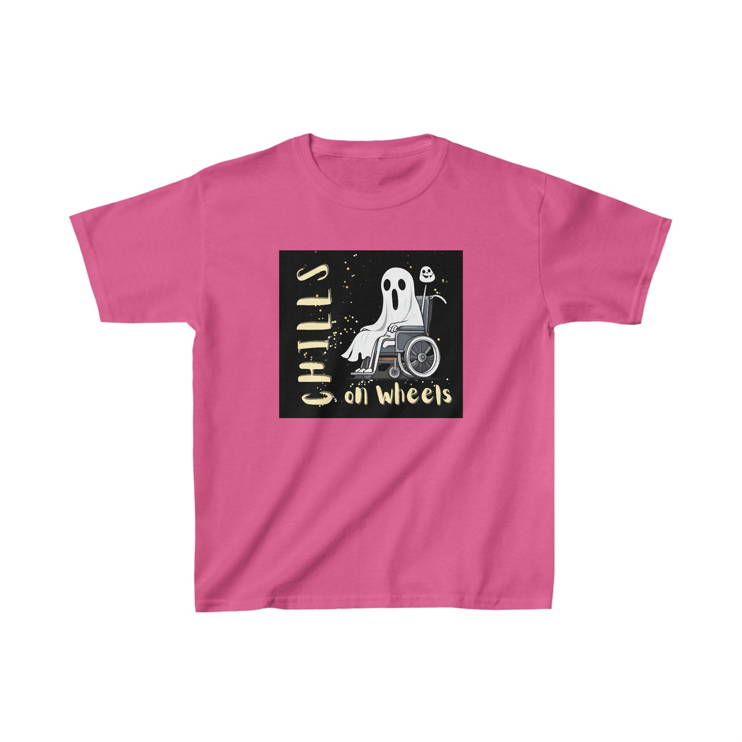 Kids Heavy Cotton™ Tee Designed as the perfect gift or merch for Halloween for that dynamic inspirational fun loving wheelchair or mobility scooter user.