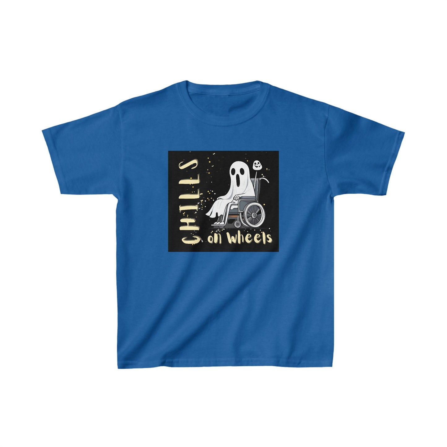 Kids Heavy Cotton™ Tee Designed as the perfect gift or merch for Halloween for that dynamic inspirational fun loving wheelchair or mobility scooter user.