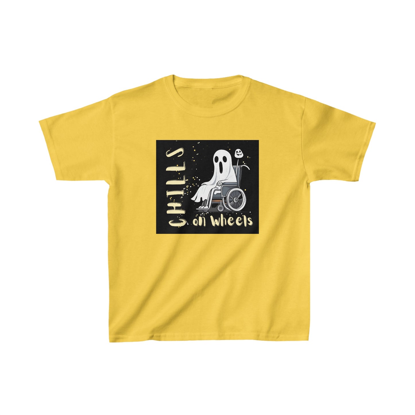 Kids Heavy Cotton™ Tee Designed as the perfect gift or merch for Halloween for that dynamic inspirational fun loving wheelchair or mobility scooter user.