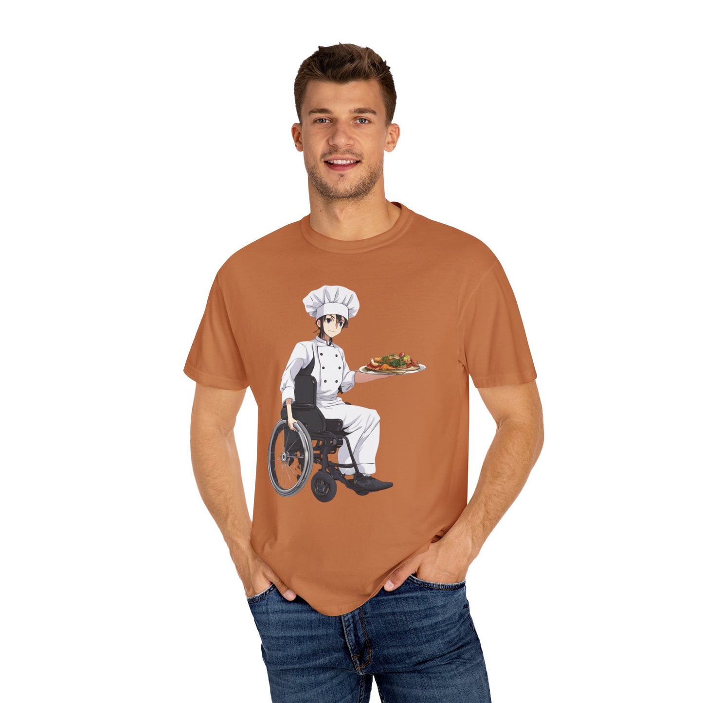 Unisex Garment-Dyed T-shirt designed as the perfect gift for that young dynamic inspirational cooking loving wheelchair or mobility scooter user.